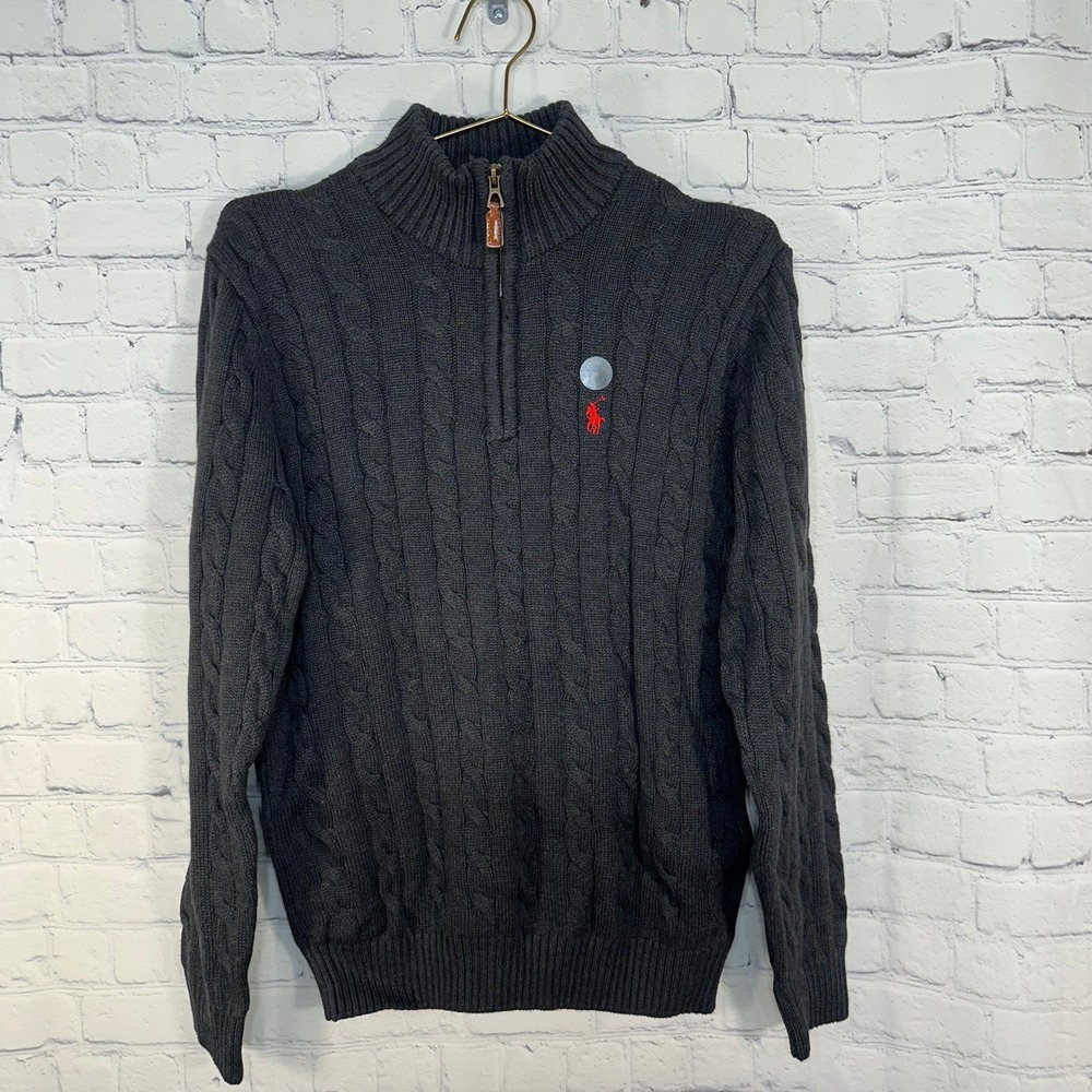 Polo Ralph Lauren Mens Charcoal Grey Cable Knit Quarter Zip Sweater Slim Fit M